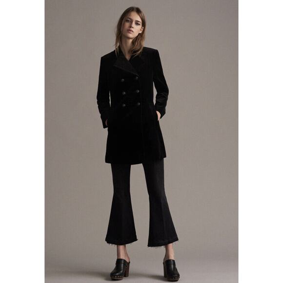 FRAME Black Velvet Cotton Blend Double Breasted Mid-Length Blazer Jacket Size 0 - Picture 1 of 5